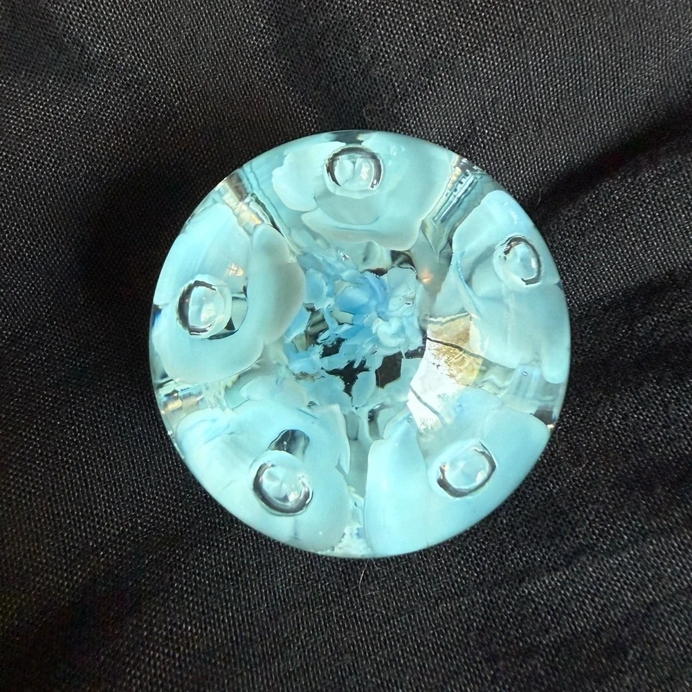 VTG JOE ST CLAIR Glass PAPERWEIGHT 2 3/4”  Signed Blue Floral Bubble (CB1)